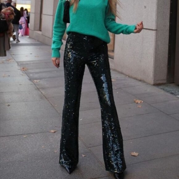 Sincerely Jules Teal Green Sequin Flare Leg Pants - Picture 1 of 14